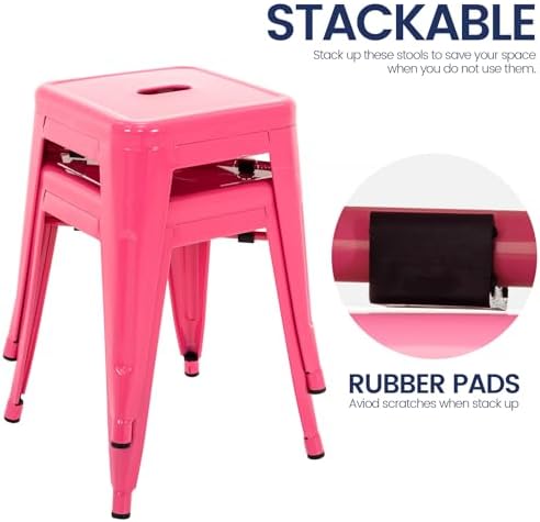 18 Inch Metal Stools Set of 2, Stackable for Indoor Outdoor, Hot Pink