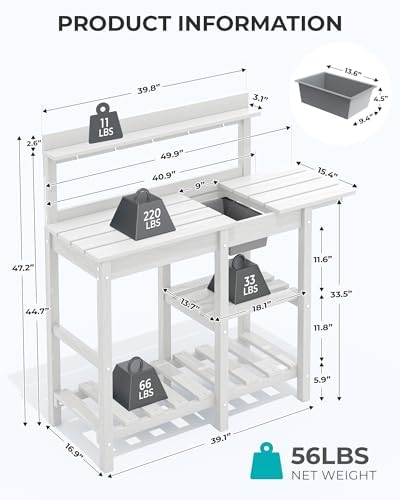 SERWALL Outdoor Potting Bench with Removable Sink,Gardening Table,White