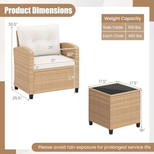 Tangkula 3 Pieces Patio Furniture Set, PE Rattan Wicker 3 Pcs Outdoor Sofa Se...