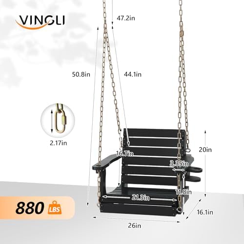 VINGLI 2.2FT HDPE Porch Swing with Cup Holder, Porch Swing Chair, Black