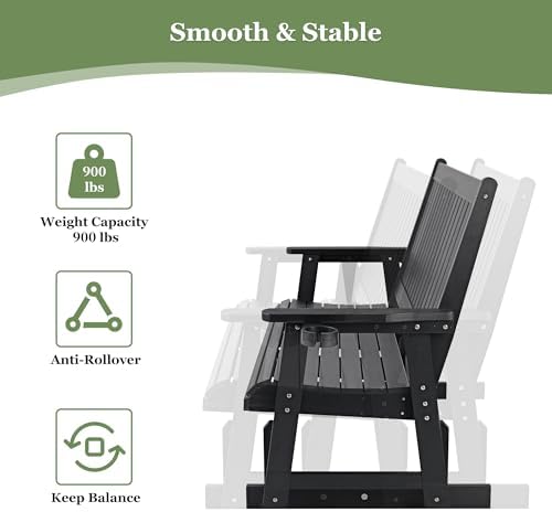 HIPS Patio Glider Two-Seat with Cup Holders, Durable HIPS Material, All-Weath...