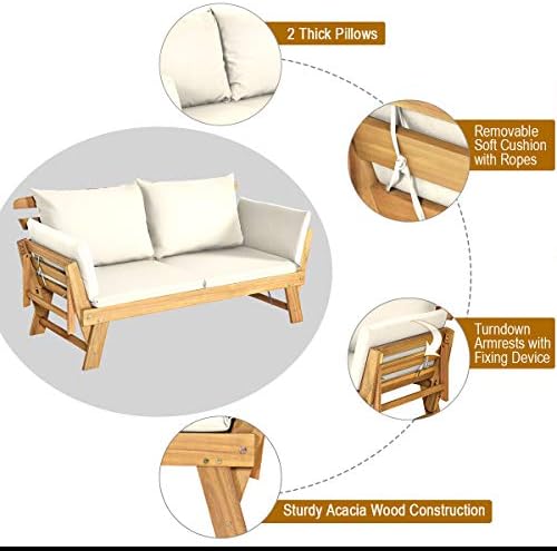 Tangkula Convertible Acacia Wood Patio Sofa Bed with Adjustable Armrest