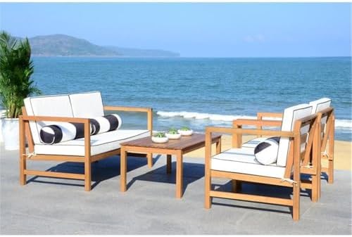 SAFAVIEH Outdoor Collection Montez Natural/ White Cushions/ Striped Bolster P...