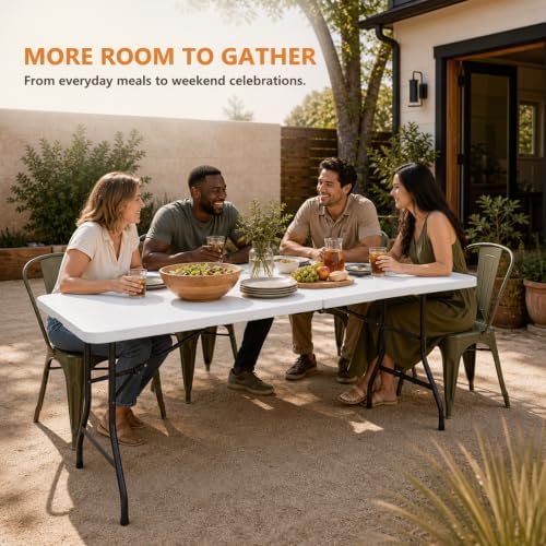 Folding Table, 6FT Portable Fold-in-Half Plastic Picnic Table, Heavy Duty Fol...