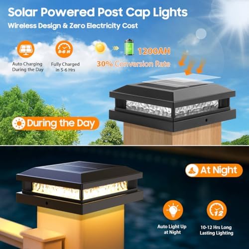 Solar Post Cap Lights 12 Pack for 4x4 4.5x4.5 5x5 Vinyl/Wood Posts, Black