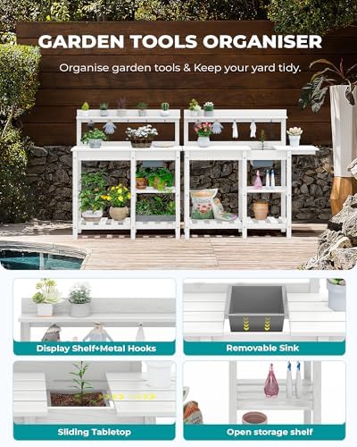 SERWALL Outdoor Potting Bench with Removable Sink,Gardening Table,White