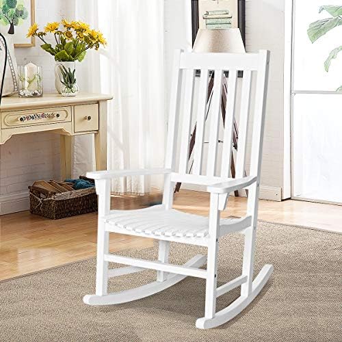 Tangkula Patio Rocking Chair, Solid Acacia Wood, White, 2 Pack