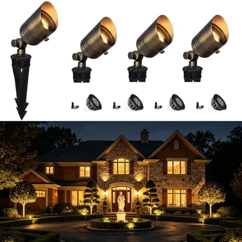 COLOER 5W 12V Brass Outdoor Landscape Spot Light with Bulb(4Pack) | Solid Bra...