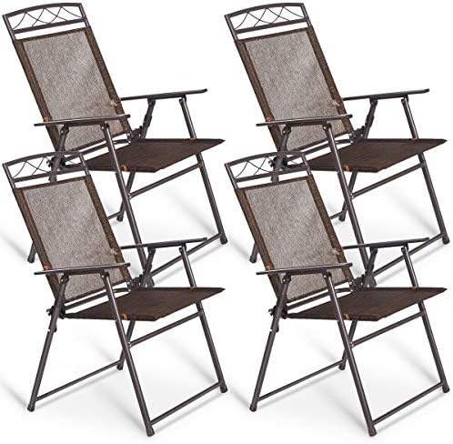 GIANTEX Set of 4 Patio Folding Sling Chairs Steel Camping Deck Garden Pool Ba...