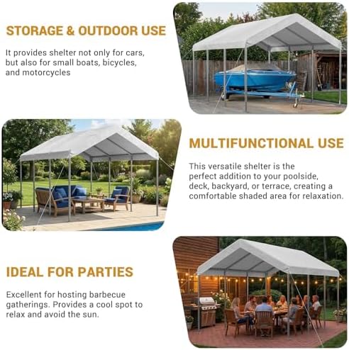 Aoxun 10x20 ft Heavy Duty Carport, Adjustable Height Portable Garage, White