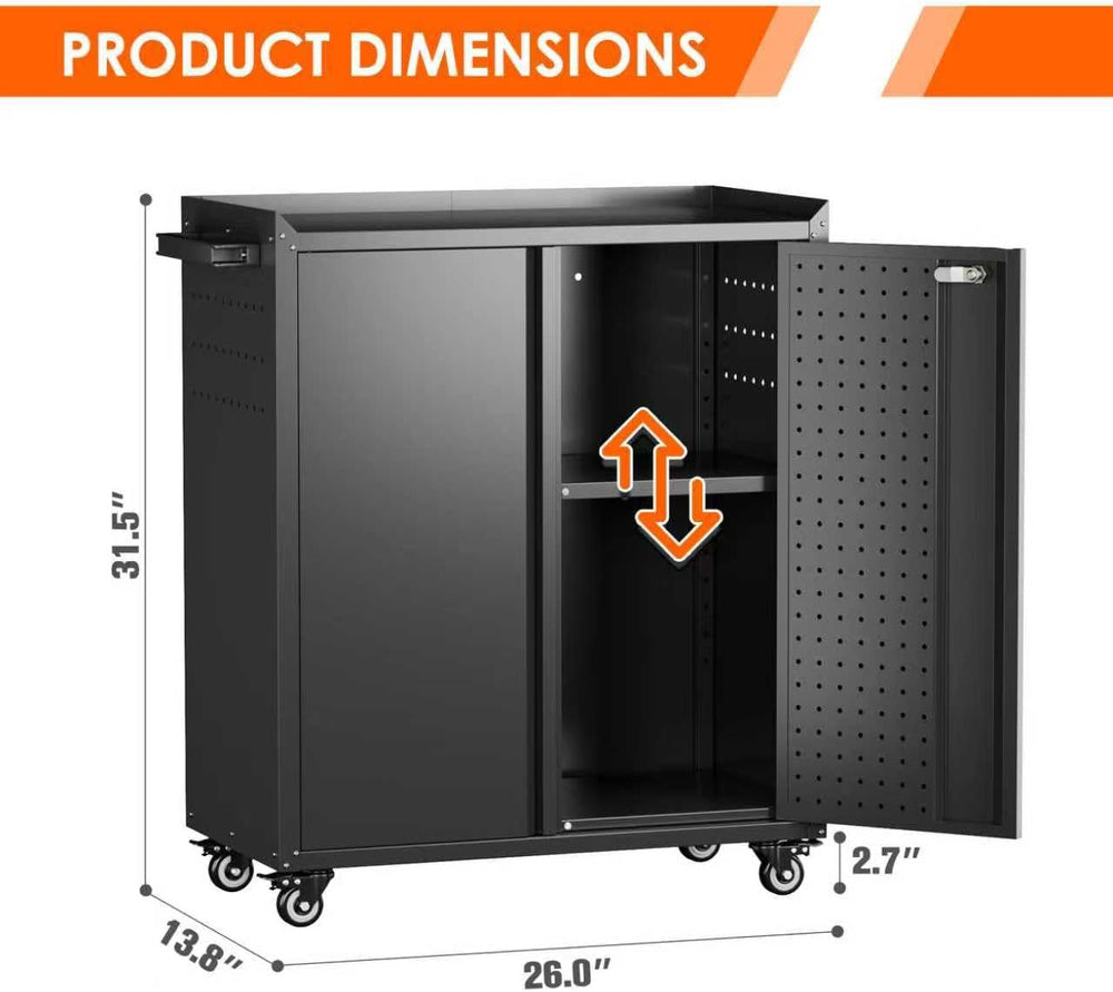 Metal Rolling Garage Storage Cabinet with Wheels, Pegboard Doors