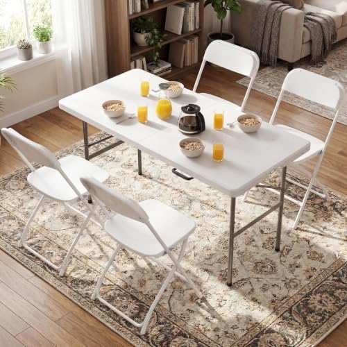 Sweetcrispy 4 FT Folding Picnic Table, with 4 White Folding Chairs