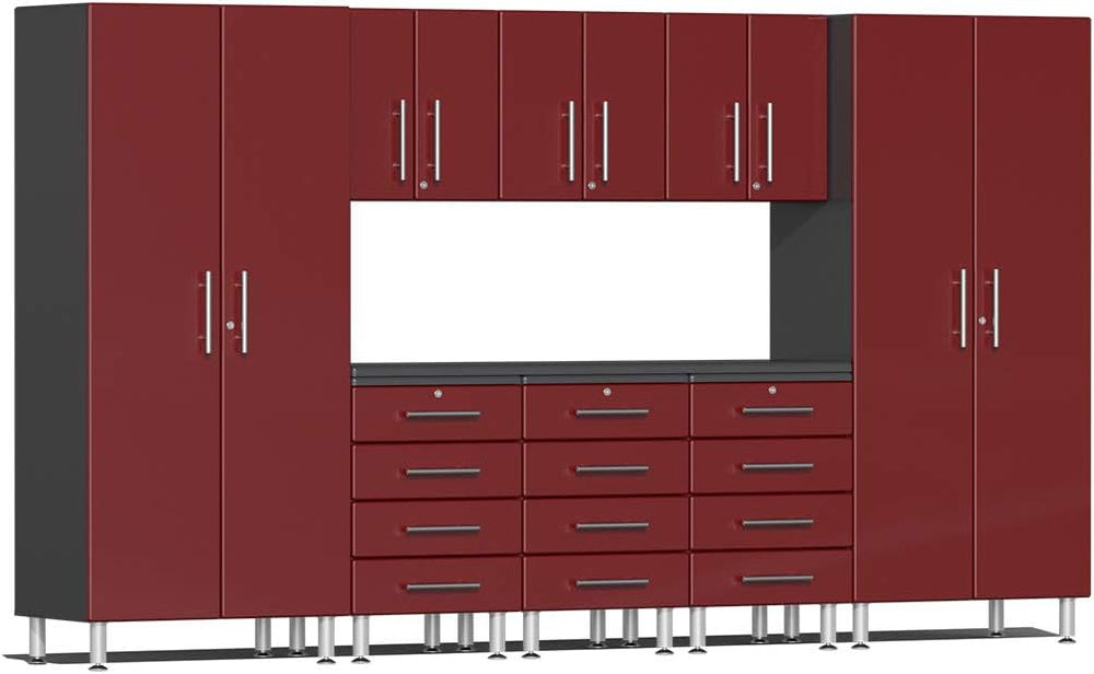 Ulti-MATE UG22091R 9-Piece Garage Cabinet Kit with Channeled Worktop in Ruby ...