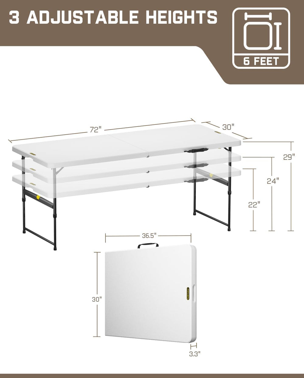 FanttikOutdoor Folding Table Plastic 6ft Quick Adjust 3-Height Picnic Party