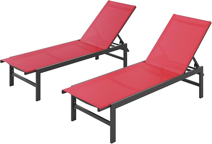 Outdoor Lounge Chairs Set of 2, Aluminum Patio Chaise Lounge Chairs with 5-Po...