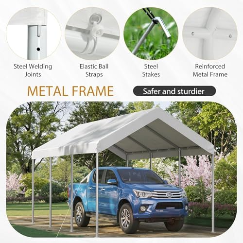 Aoxun 10x20 ft Heavy Duty Carport, Adjustable Height Portable Garage, White