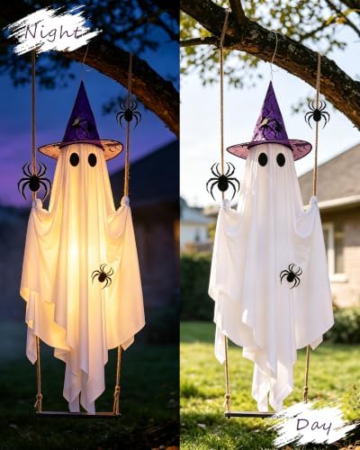 Swinging Ghost with 2PCS Hat & 12PCS Spider Halloween Decoration Outdoor