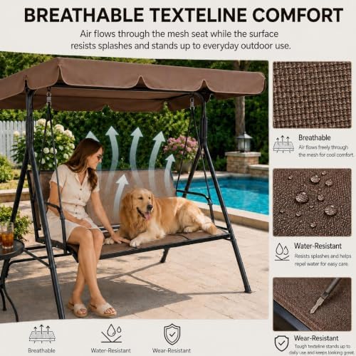 Yaheetech 3-Seat Patio Swing Chair w/Texteline Fabric Ez Setup, Dark Brown
