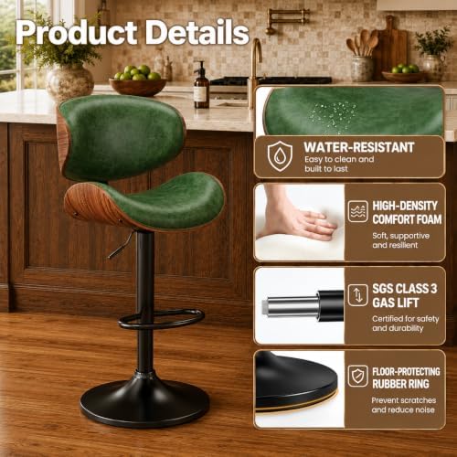 YaFiti Adjustable Bentwood Swivel Bar Stools Set of 2, Green