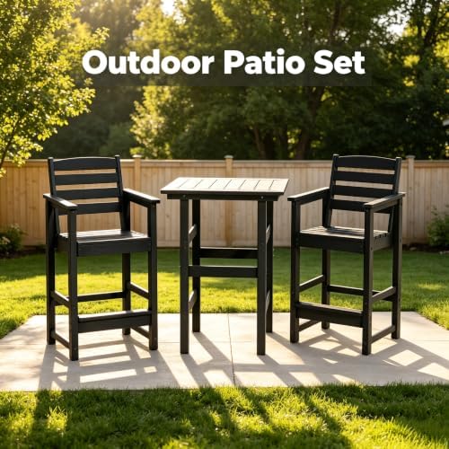 3-Piece Outdoor Bistro Bar Set, HDPE Bar Height Table & Chairs, Black