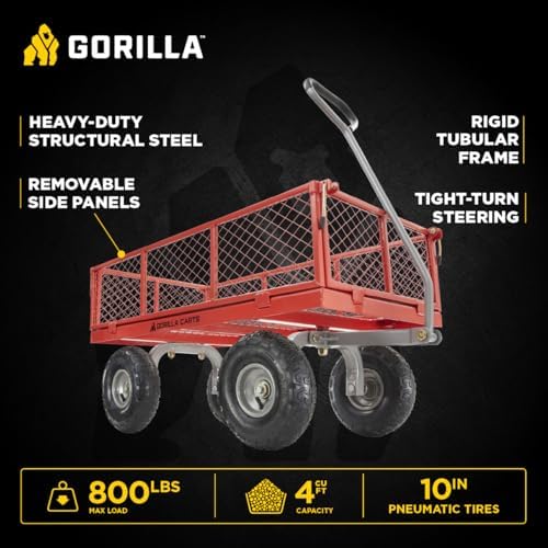 Gorilla Carts Steel Utility Garden Cart, 800 lb. Capacity, 4 Cu Ft, Red