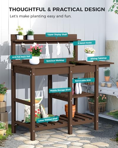 SERWALL Outdoor Potting Bench with Removable Sink,Gardening Table,Coffee
