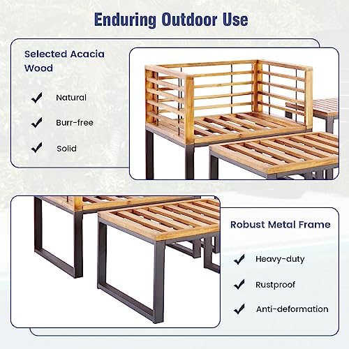 Tangkula 5 Pieces Acacia Wood Patio Furniture Set with Ottomans, Outdoor Conv...