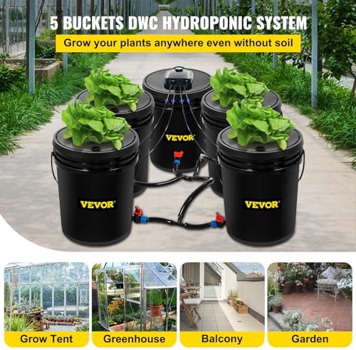 VEVOR 5 Buckets DWC Hydroponic System, 5 Gallon, Deep Culture, Plants Grow Ki...