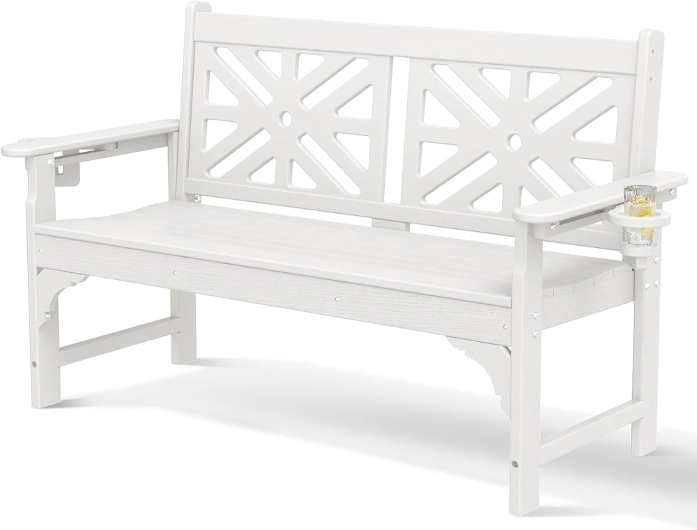 Oversized Outdoor Bench with Cup Holders, 51.5” HDPE Aesthetic Garden Bench f...