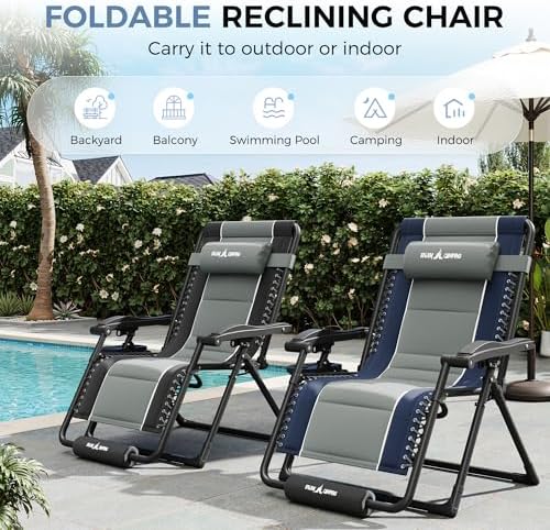 UDPATIO Oversized Zero Gravity Chair Outdoor Patio Folding Recliner | 33in Ad...