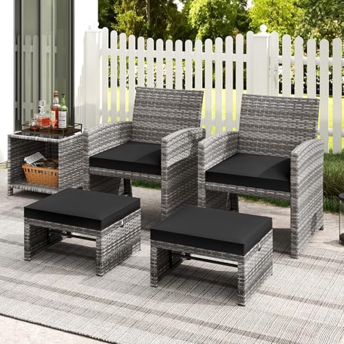 Tangkula 2 Pieces Patio PE Rattan Ottomans, Multipurpose Outdoor Footstool Fo...