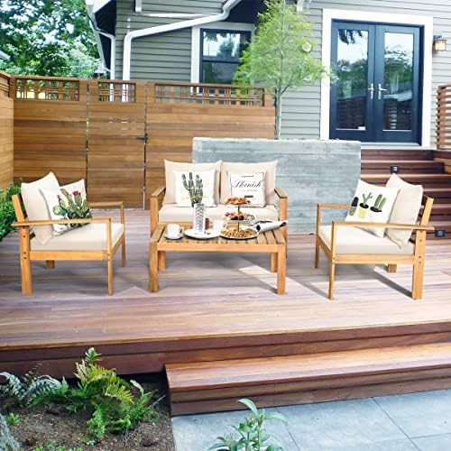 Tangkula Outdoor 4-Piece Acacia Wood Chat Set, 4 Seater Acacia Wood Conversat...