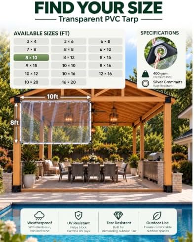 FoundGo Heavy Duty Clear Vinyl Tarp 8x10 ft, PVC Outdoor Curtain, 15 Mil