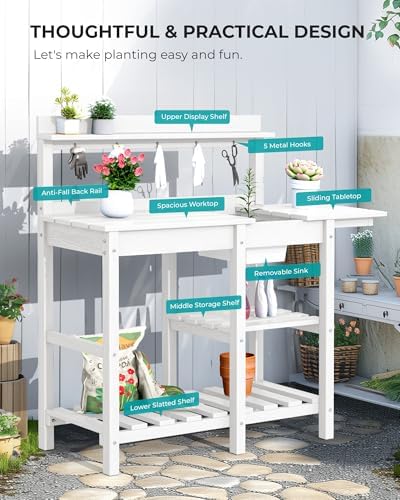 SERWALL Outdoor Potting Bench with Removable Sink,Gardening Table,White