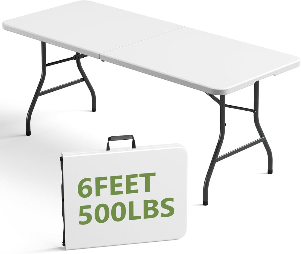 Folding Table, 6FT Portable Fold-in-Half Plastic Picnic Table, Heavy Duty Fol...