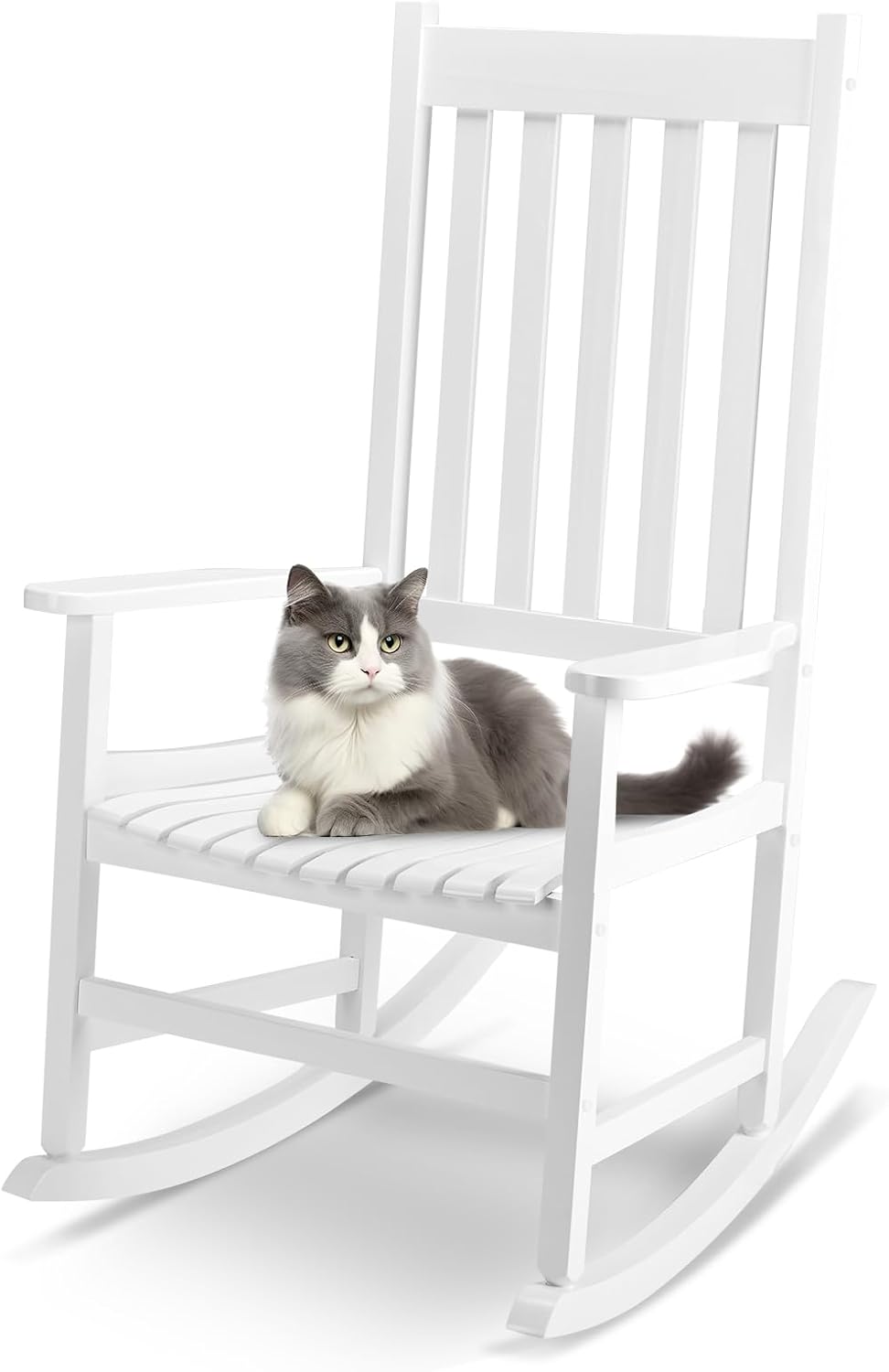 Outvita Outdoor Rocking Chair, Solid Wood High Back Porch Rocker, White