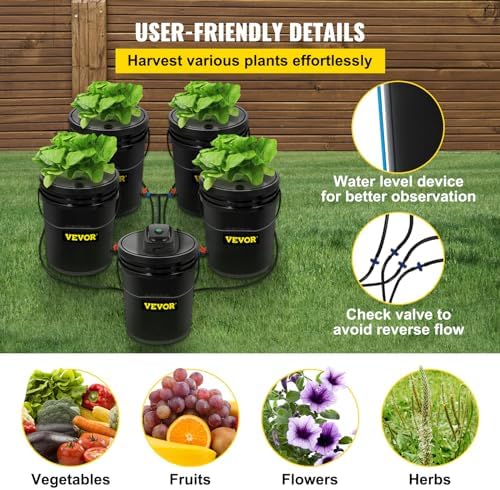 VEVOR 5 Buckets DWC Hydroponic System, 5 Gallon, Deep Culture, Plants Grow Ki...