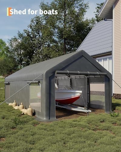 13x25 Ft Carport with 10 Sandbags, Car Port with 220g PE Tarp, 2 Roll-Up Door...