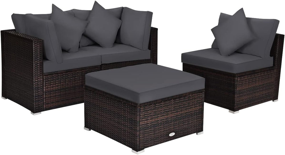 Tangkula 4 Pieces Patio Rattan Sofa Set, Outdoor Wicker Sectional Furniture S...