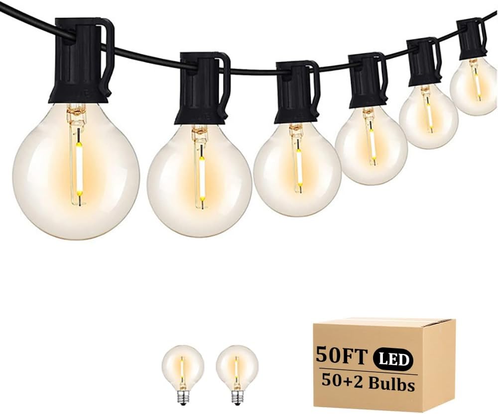Outdoor String Light 50FT Patio Black with 52 Shatterproof G40 LED Clear Glob...
