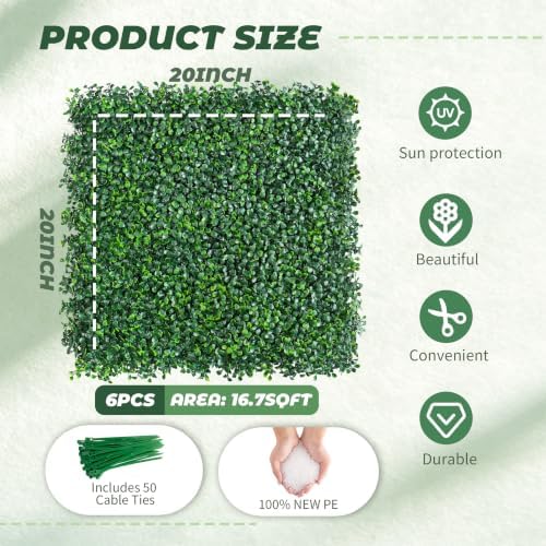 TTTM UV-Resistant Artificial Boxwood Hedge Vine Panels: 20"x20" 6 Pcs