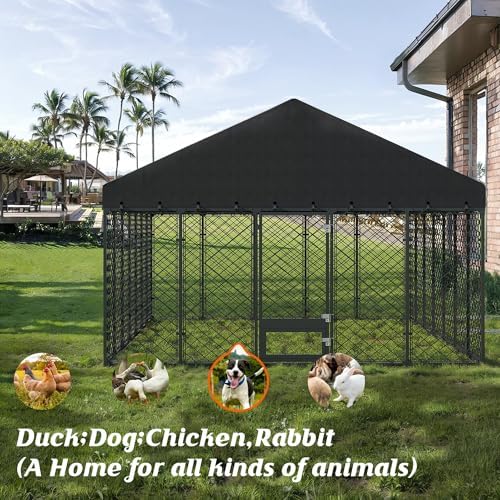 10x14FT Outdoor Dog Kennel with Roof and Feeding Door