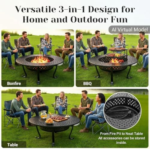 43" Fire Pit, Firepit with Adjustable 2 Grills & Lid & Fire Poke...
