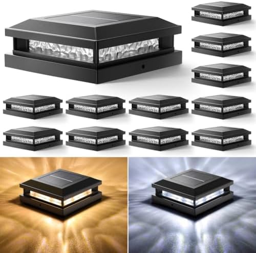 Solar Post Cap Lights 12 Pack for 4x4 4.5x4.5 5x5 Vinyl/Wood Posts, Black
