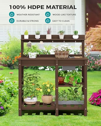 SERWALL Outdoor Potting Bench with Removable Sink,Gardening Table,Coffee