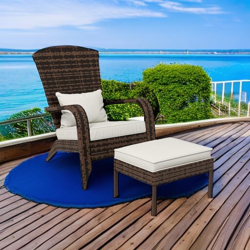 Outsunny Patio Wicker Adirondack Chair with Ottoman High-Back Cream White