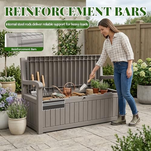110 Gallon Outdoor Storage Bench, Lockable Patio Storage Bench, Grey