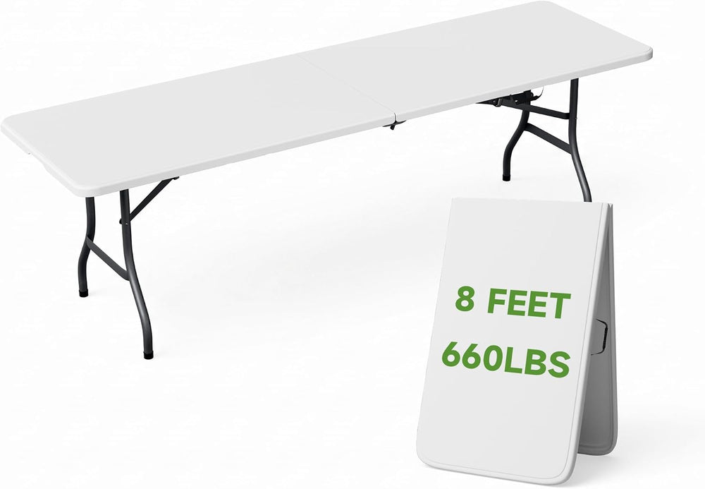 8FT Folding Table - Heavy-Duty 660 lb Capacity, Portable Table with Safety Lo...