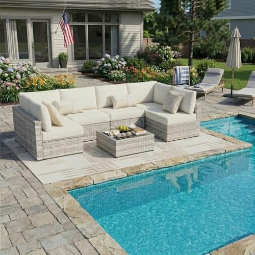KIGOTY 7-Piece Patio Furniture Set, All-Weather PE Rattan Outdoor Sectional S...