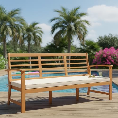 Tangkula 64 Inch Patio Acacia Wood Bench, 3-Seat Extra Long Chair with Cushio...